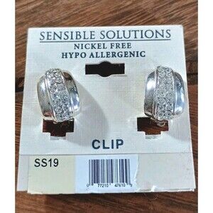 Sensible Solutions Rhinestone Silver Tone Clip Earrings New